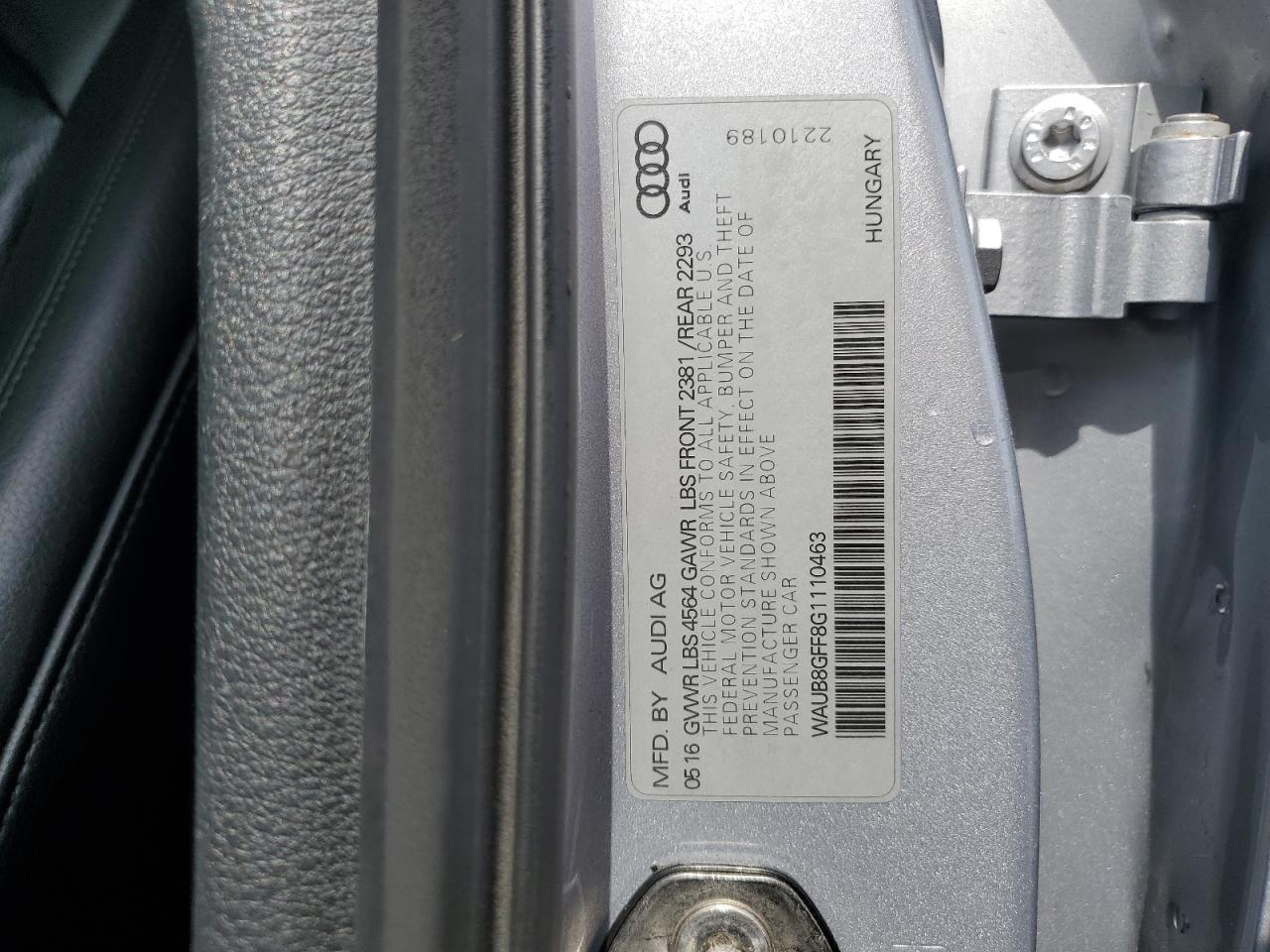 2016 Audi A3 Premium VIN: WAUB8GFF8G1110463 Lot: 63282335