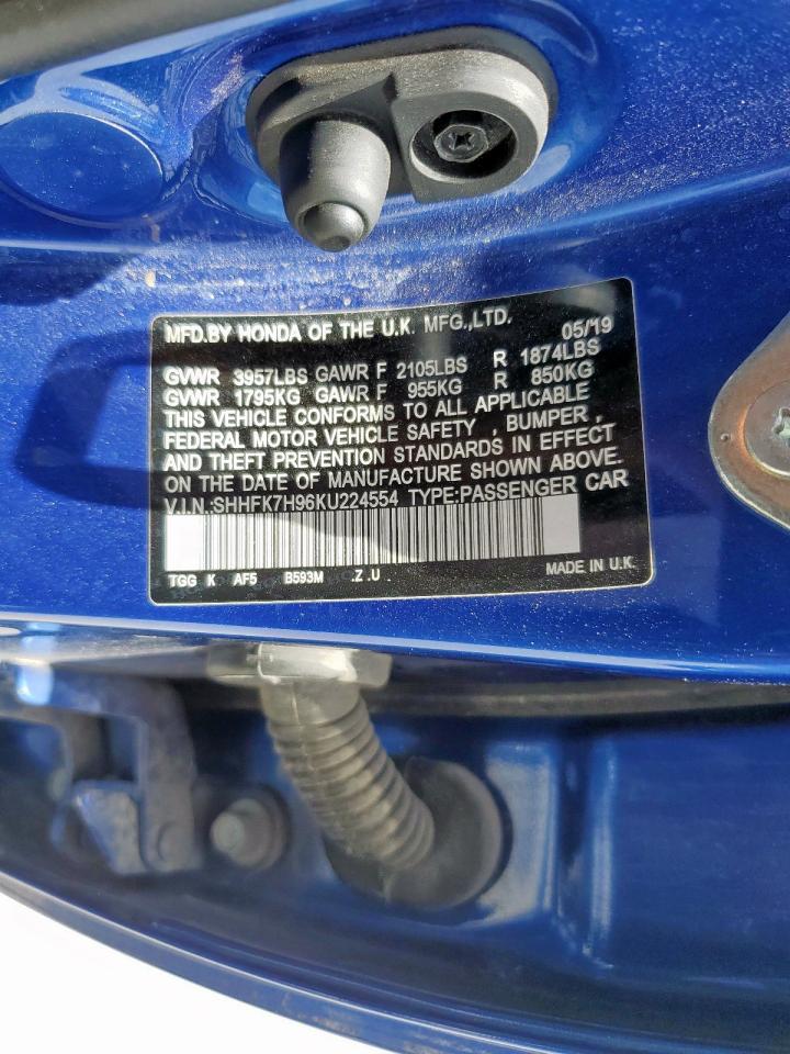 2019 Honda Civic Sport Touring VIN: SHHFK7H96KU224554 Lot: 65293895