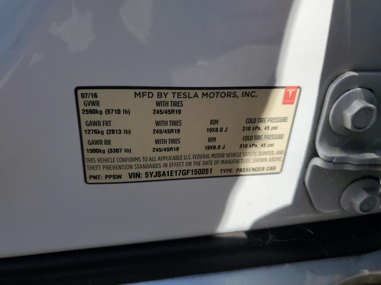 2016 Tesla Model S VIN: 5YJSA1E17GF150051 Lot: 62819845