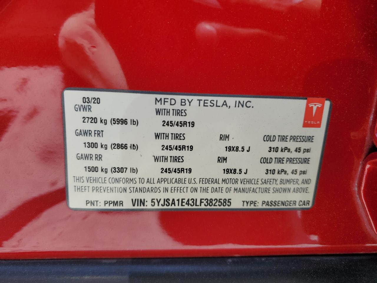 2020 Tesla Model S VIN: 5YJSA1E43LF382585 Lot: 63304185