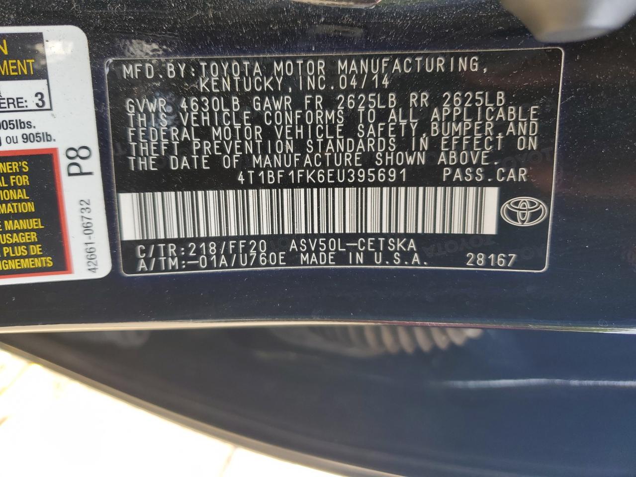 2014 Toyota Camry L VIN: 4T1BF1FK6EU395691 Lot: 64942335