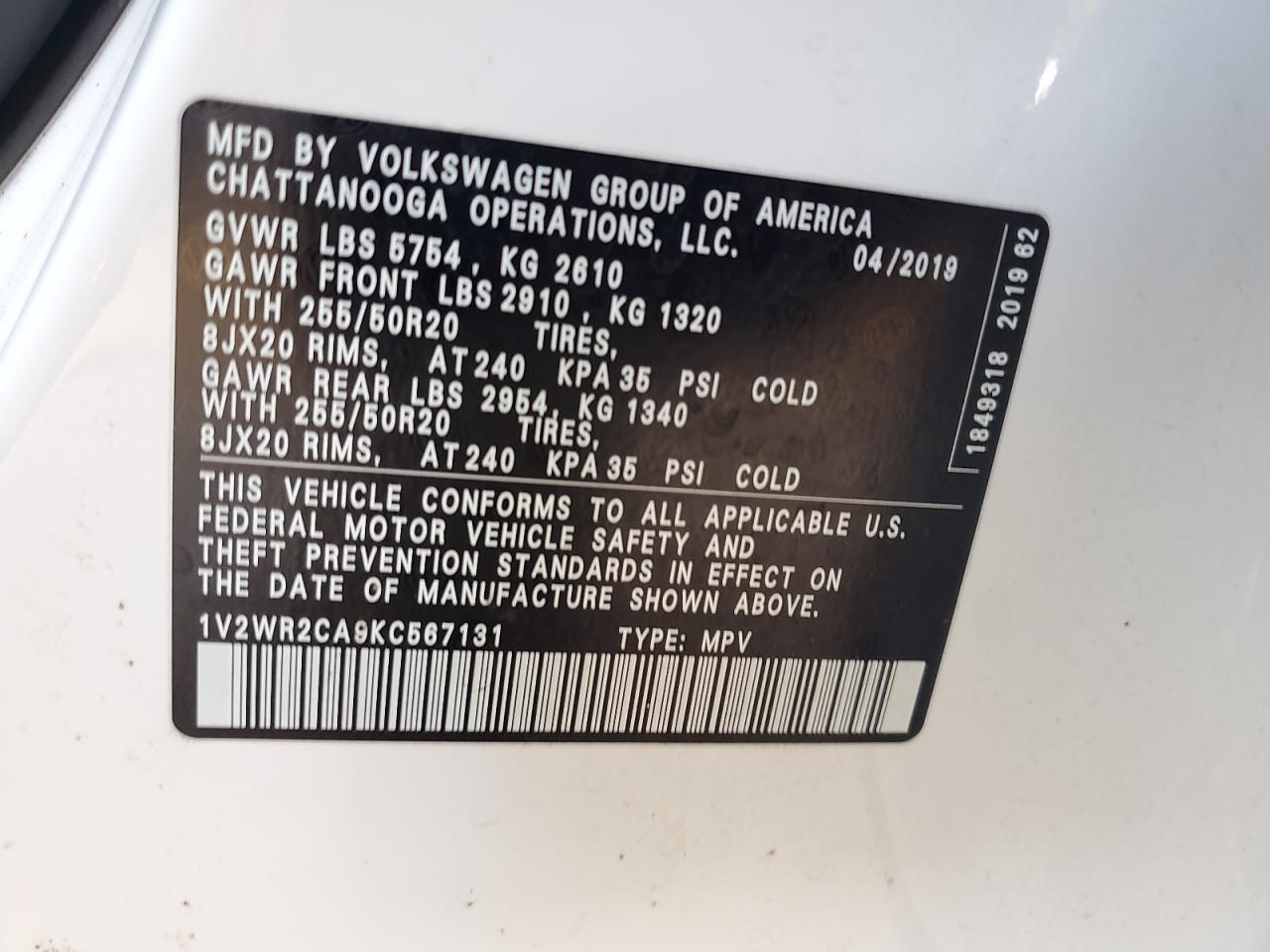 2019 Volkswagen Atlas Se VIN: 1V2WR2CA9KC567131 Lot: 62580945