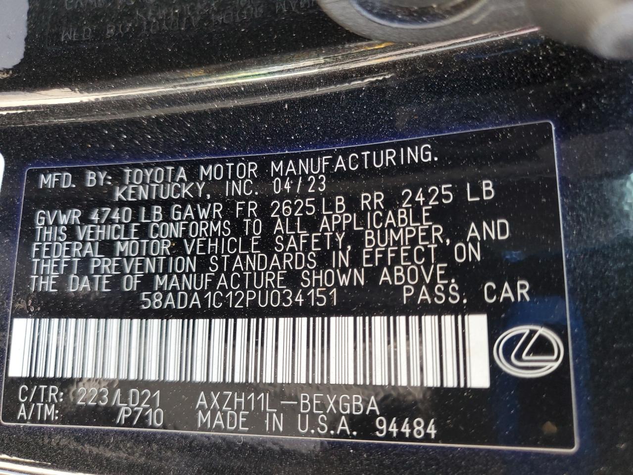 2023 Lexus Es 300H Base VIN: 58ADA1C12PU034151 Lot: 65468385