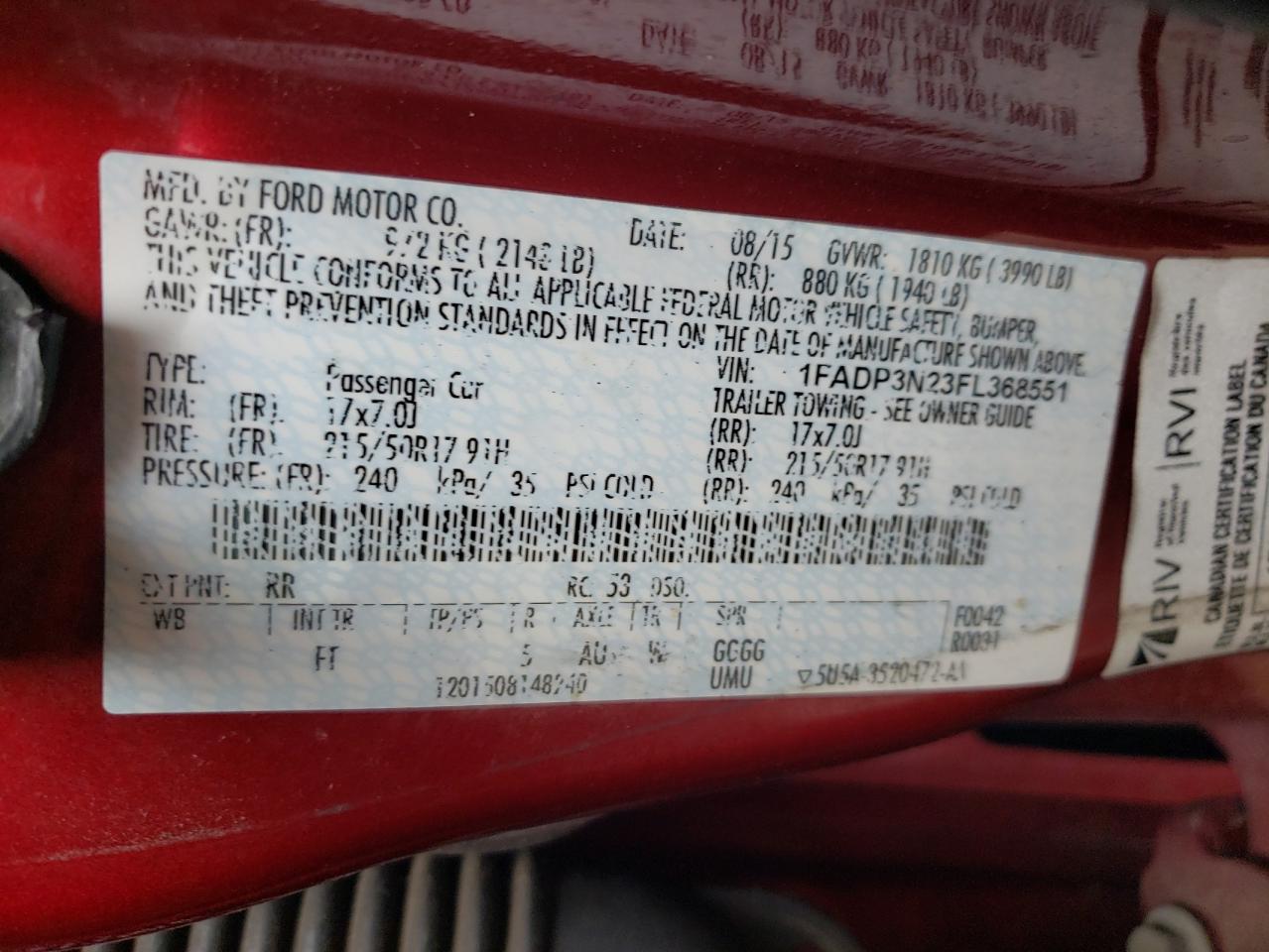 2015 Ford Focus Titanium VIN: 1FADP3N23FL368551 Lot: 65342025