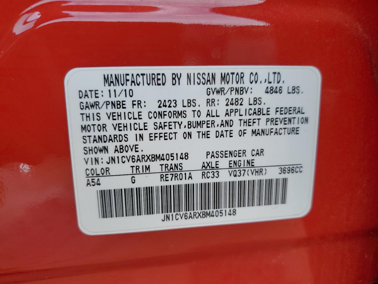 2011 Infiniti G37 VIN: JN1CV6ARXBM405148 Lot: 63749485