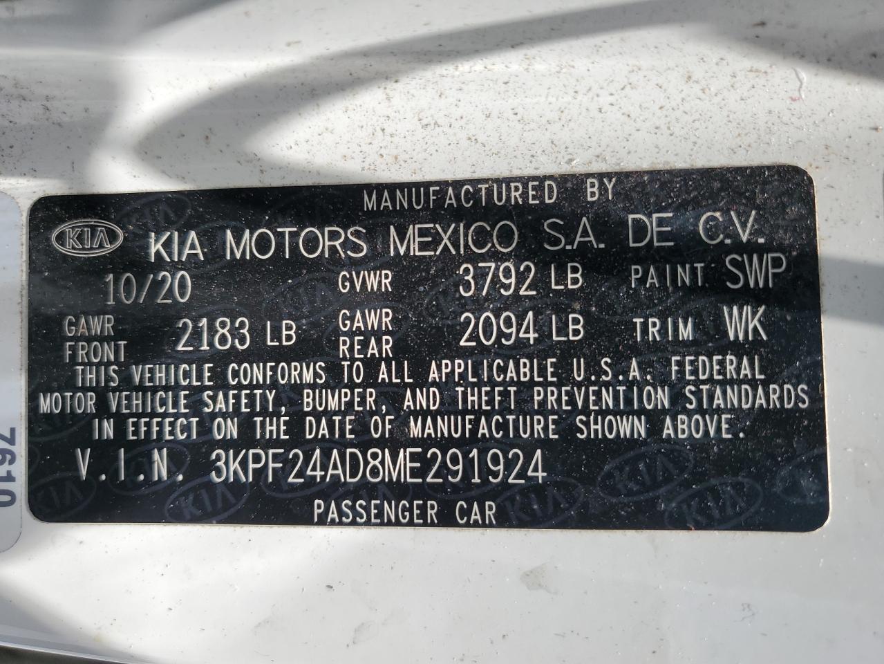 2021 Kia Forte Fe VIN: 3KPF24AD8ME291924 Lot: 64881305