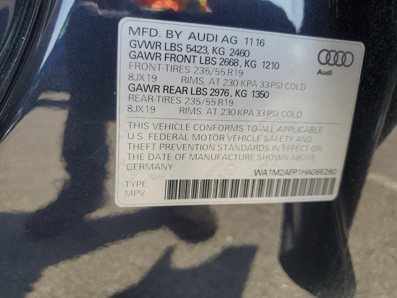 2017 Audi Q5 Premium Plus VIN: WA1M2AFP1HA085260 Lot: 66305195
