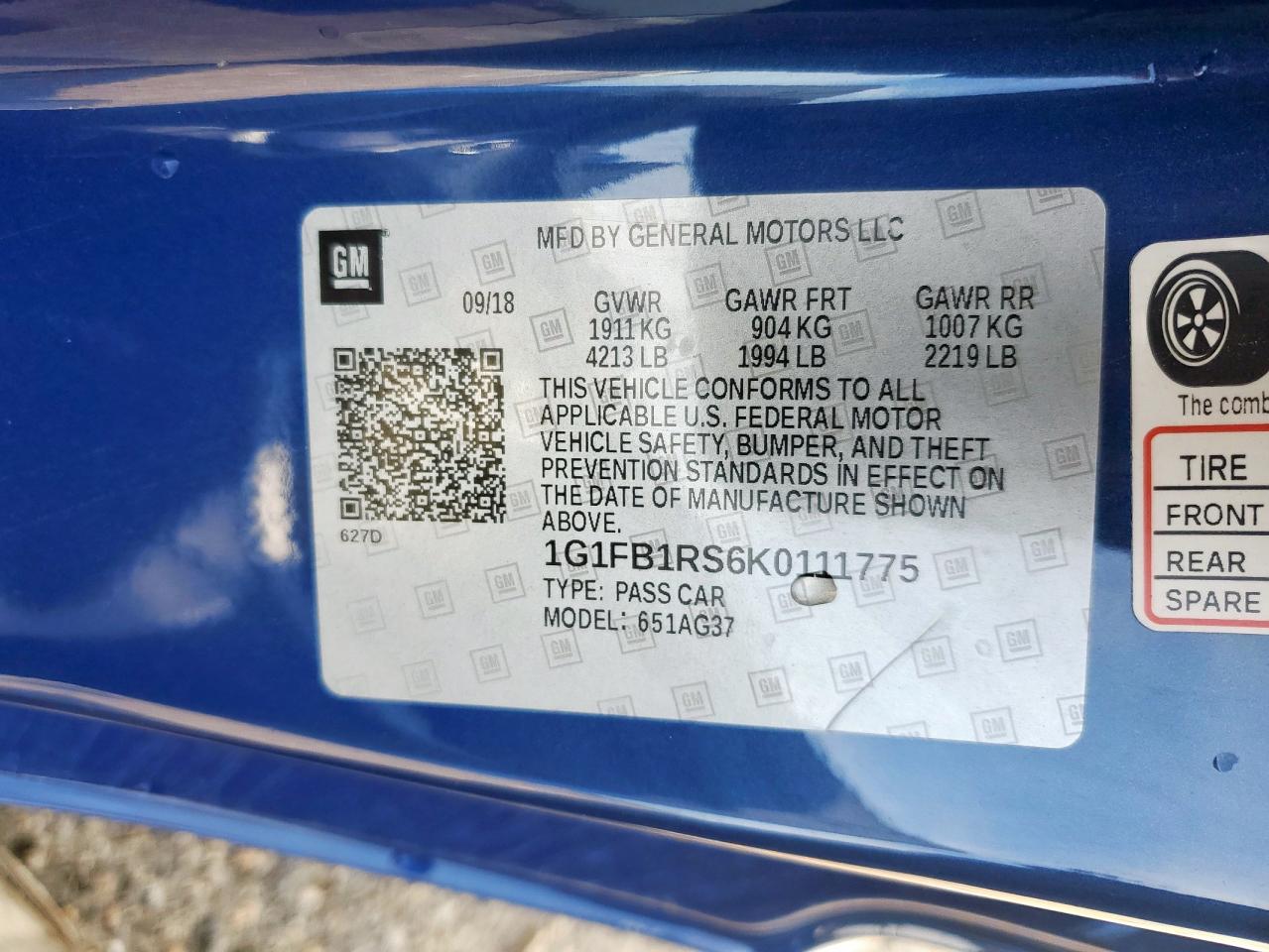 2019 Chevrolet Camaro Ls VIN: 1G1FB1RS6K0111775 Lot: 64573005