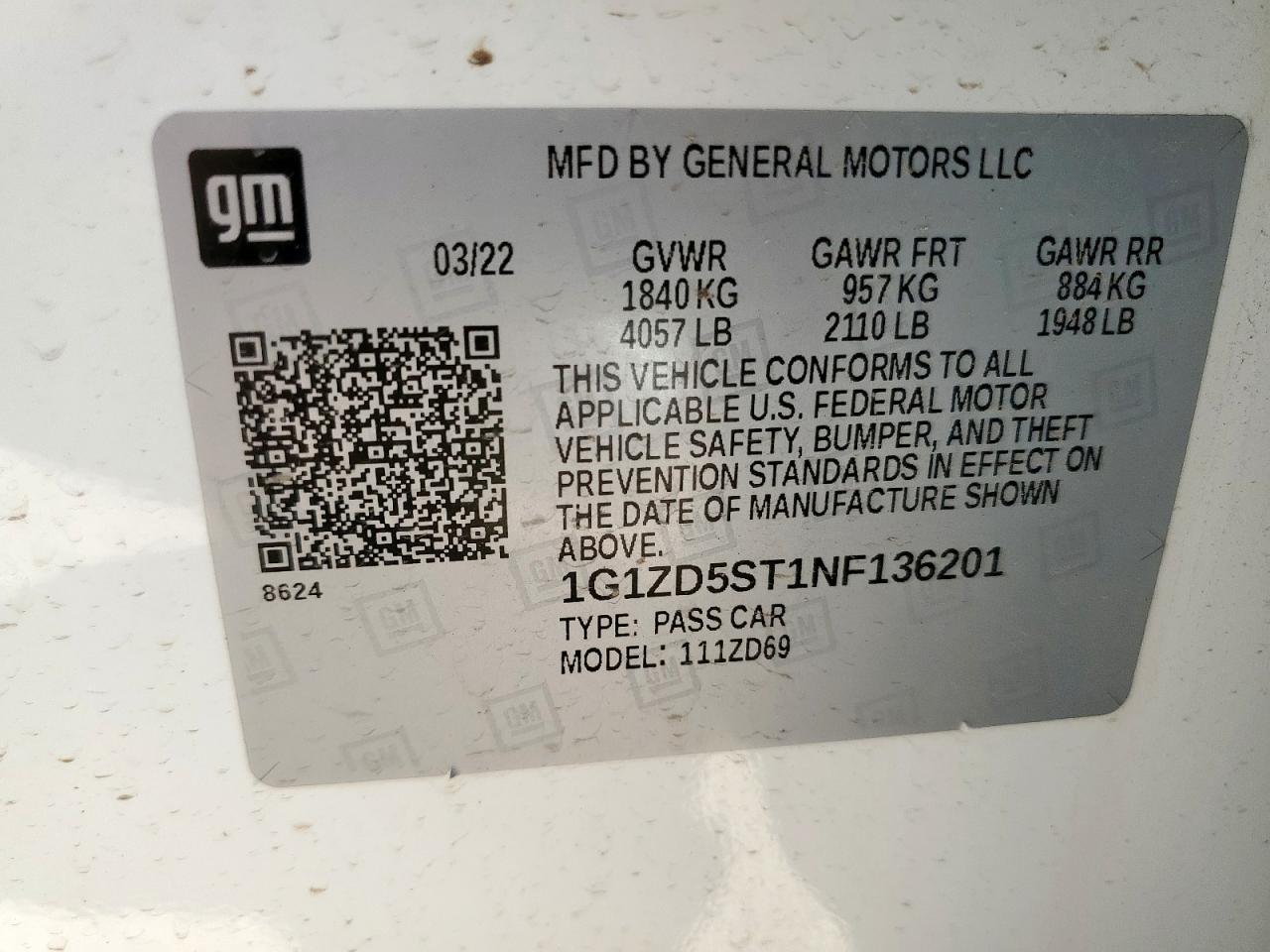 2022 Chevrolet Malibu Lt VIN: 1G1ZD5ST1NF136201 Lot: 65201365