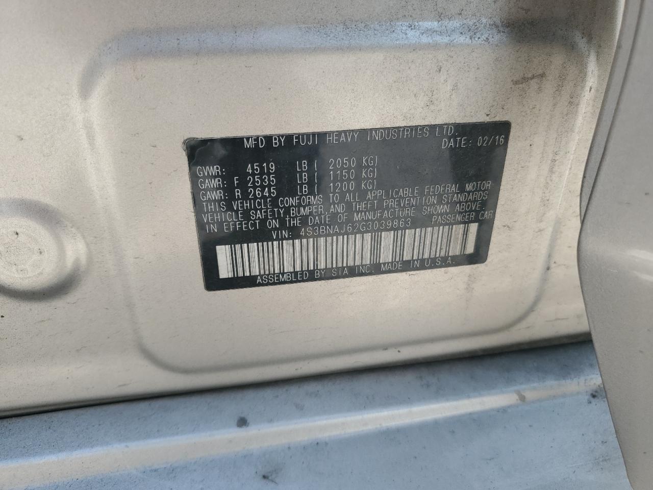 2016 Subaru Legacy 2.5I Limited VIN: 4S3BNAJ62G3039863 Lot: 66372195