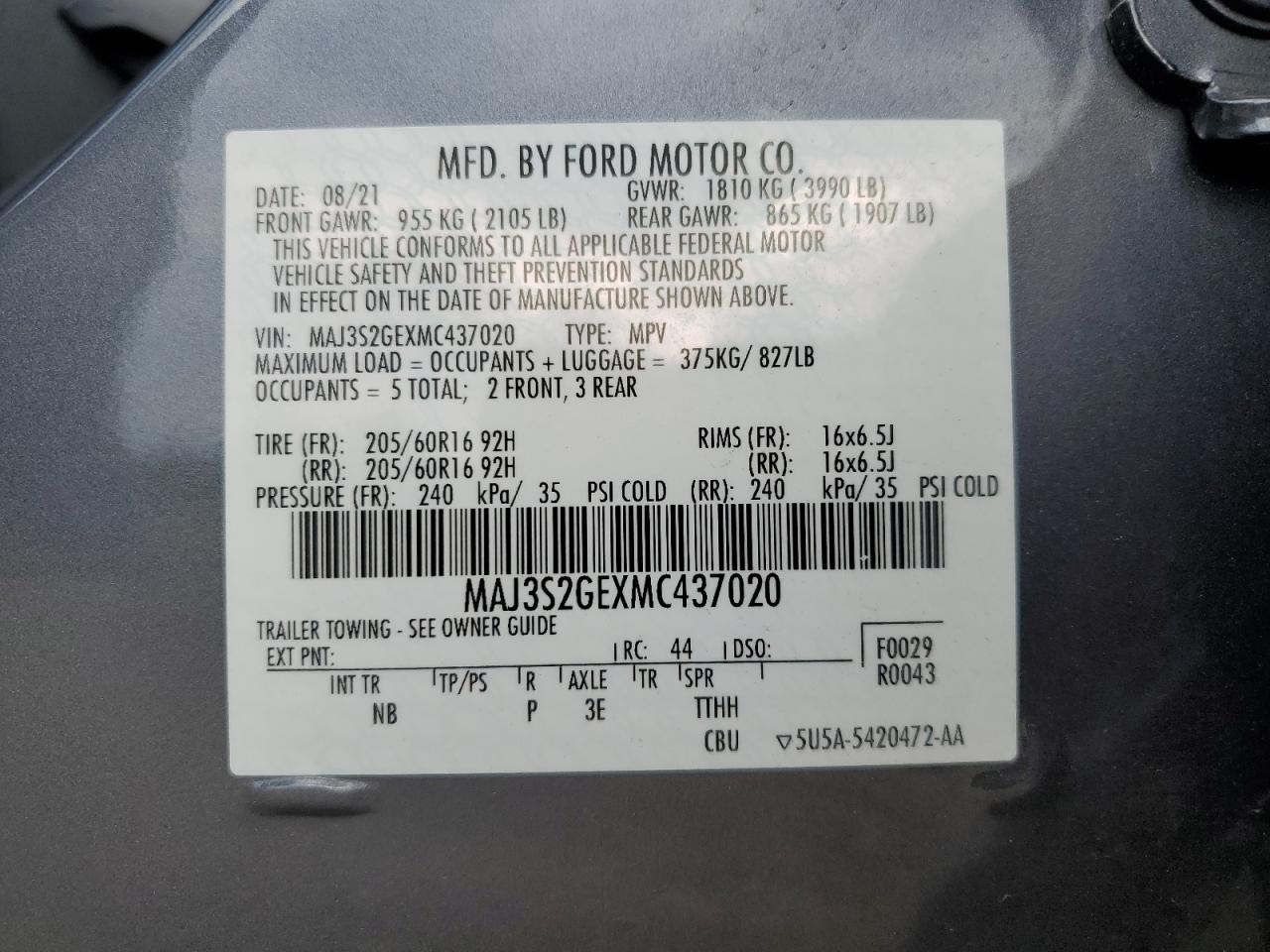 2021 Ford Ecosport Se VIN: MAJ3S2GEXMC437020 Lot: 65235865