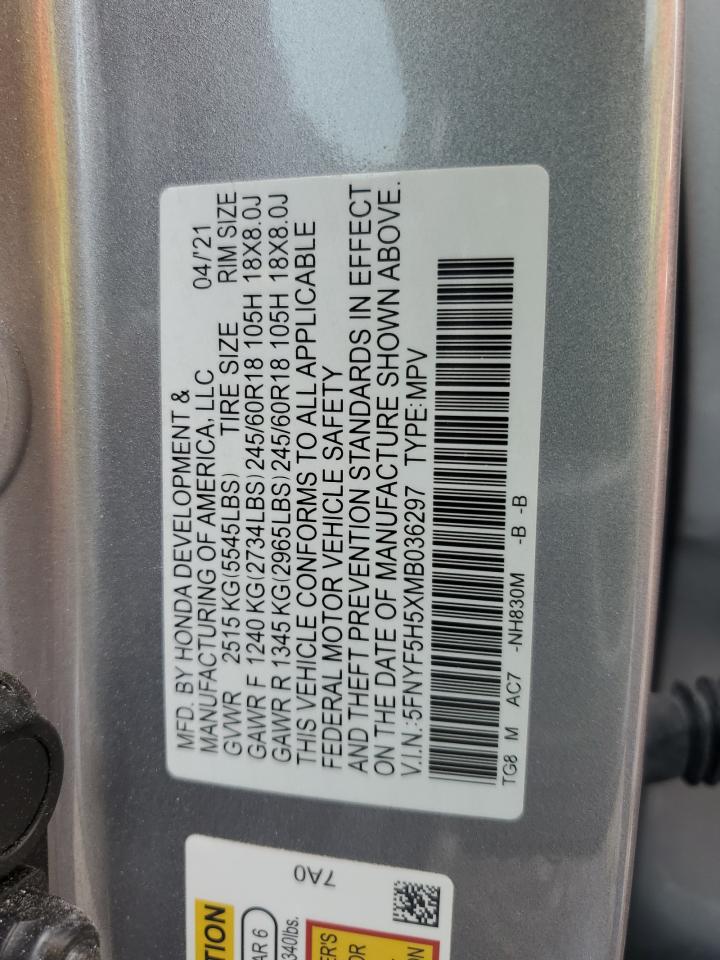 2021 Honda Pilot Exl VIN: 5FNYF5H5XMB036297 Lot: 62757295
