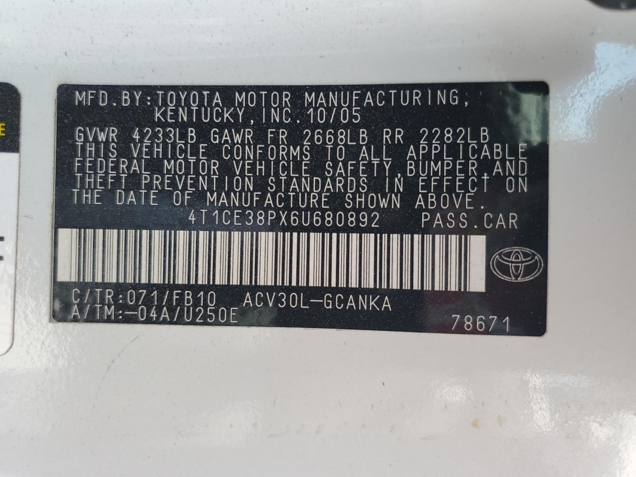 2006 Toyota Camry Solara Se VIN: 4T1CE38PX6U680892 Lot: 65444985