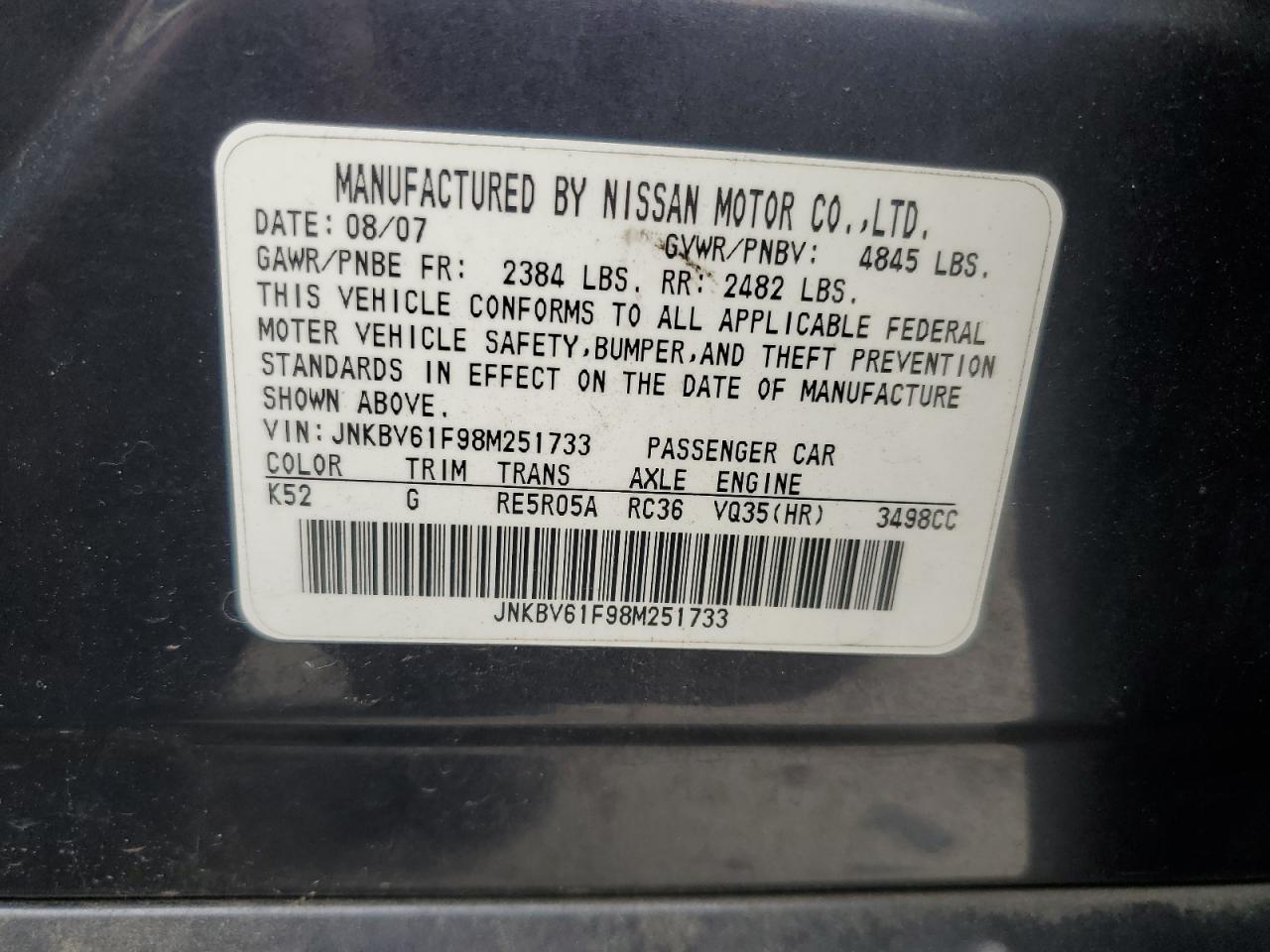 2008 Infiniti G35 VIN: JNKBV61F98M251733 Lot: 64012195