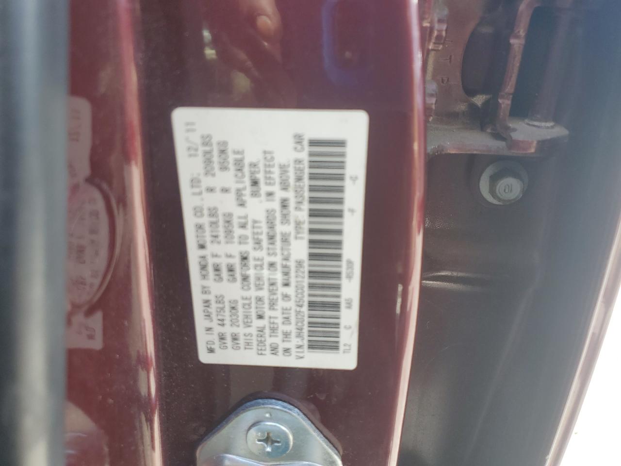 2012 Acura Tsx VIN: JH4CU2F45CC012296 Lot: 63313895