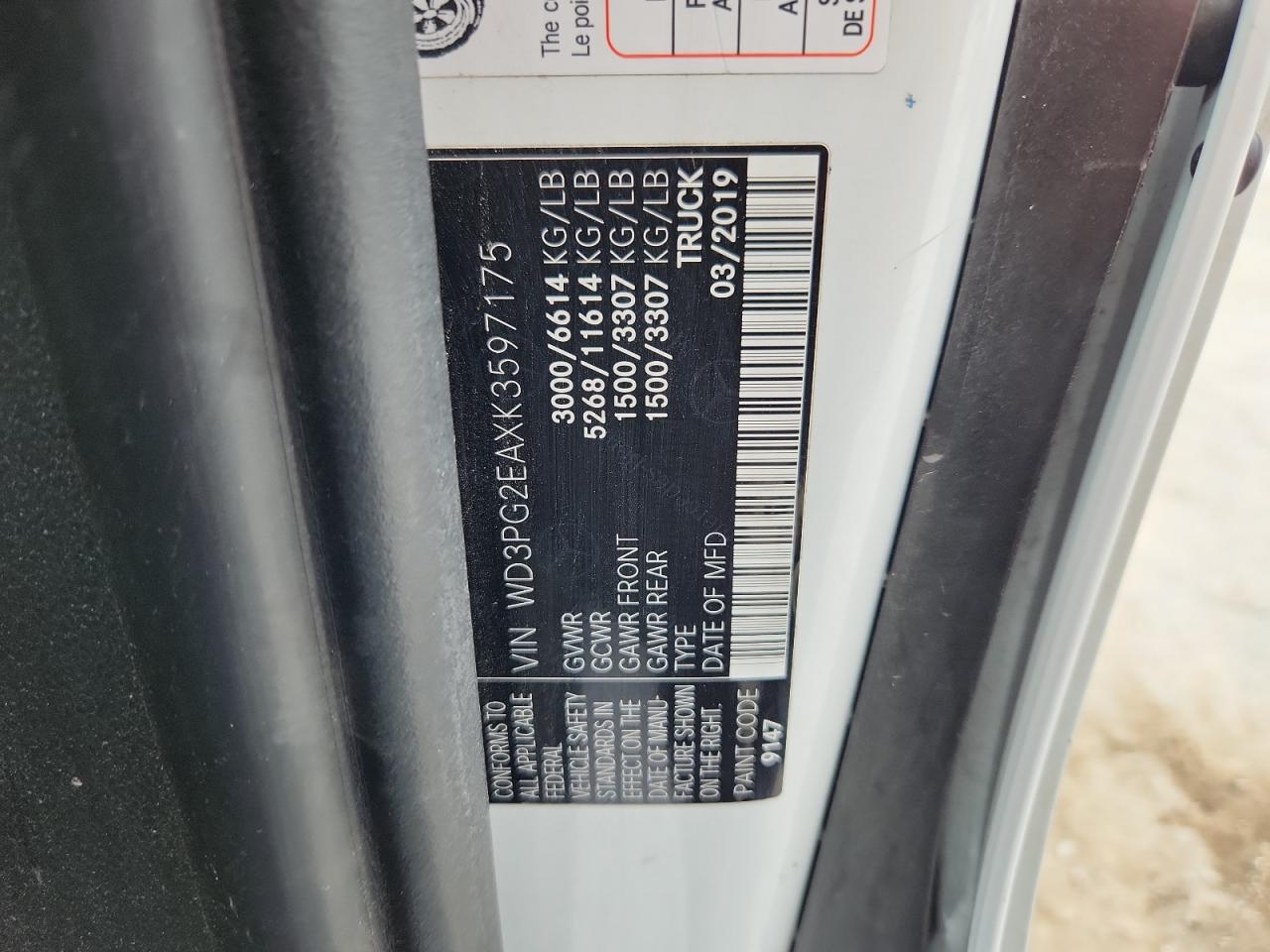 2019 Mercedes-Benz Metris VIN: WD3PG2EAXK3597175 Lot: 66690545