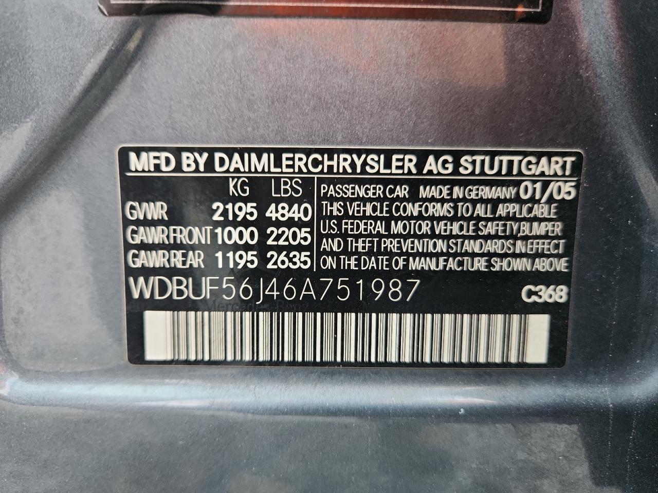 2006 Mercedes-Benz E 350 VIN: WDBUF56J46A751987 Lot: 63997855