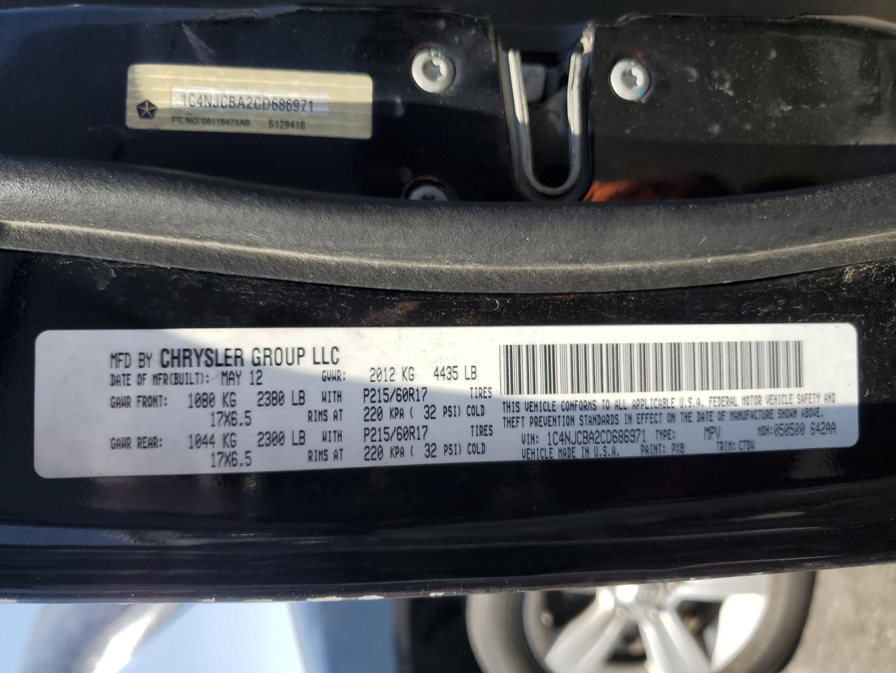 2012 Jeep Compass Sport VIN: 1C4NJCBA2CD686971 Lot: 64512775