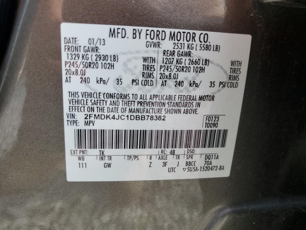 2013 Ford Edge Sel VIN: 2FMDK4JC1DBB78382 Lot: 64719715