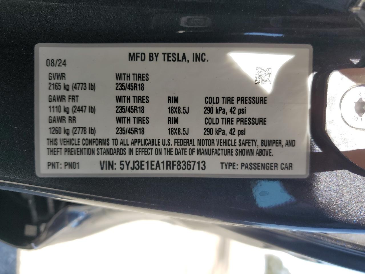 2024 Tesla Model 3 VIN: 5YJ3E1EA1RF836713 Lot: 64044305