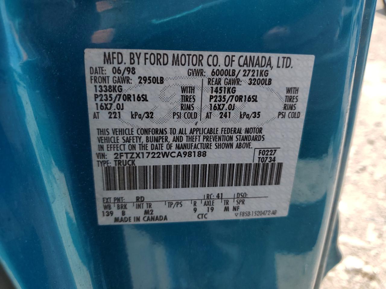 1998 Ford F150 VIN: 2FTZX1722WCA98188 Lot: 64886505