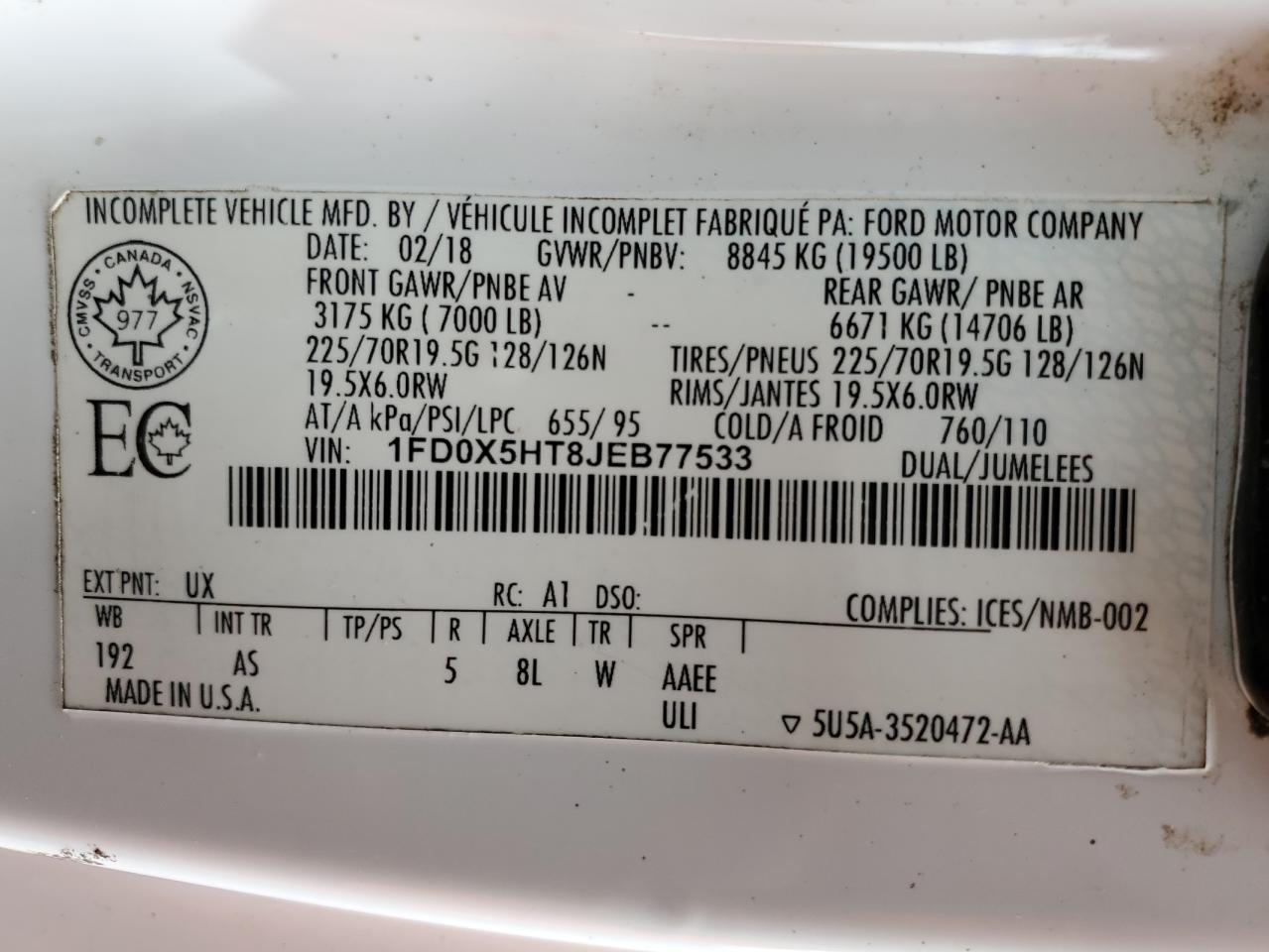 1fd0x5ht8jeb77533 1FD0X5HT8JEB77533 2018 Ford F550 Super Duty