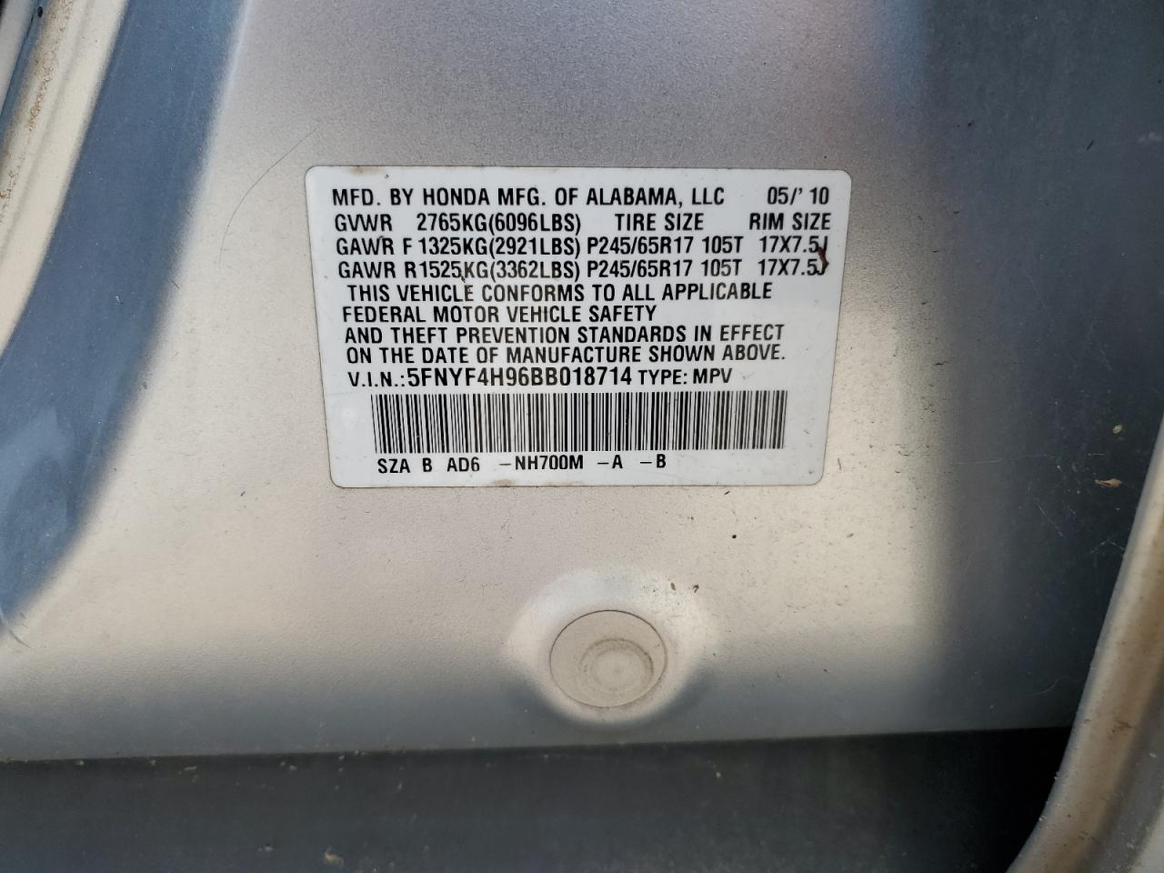 2011 Honda Pilot Touring VIN: 5FNYF4H96BB018714 Lot: 65982415