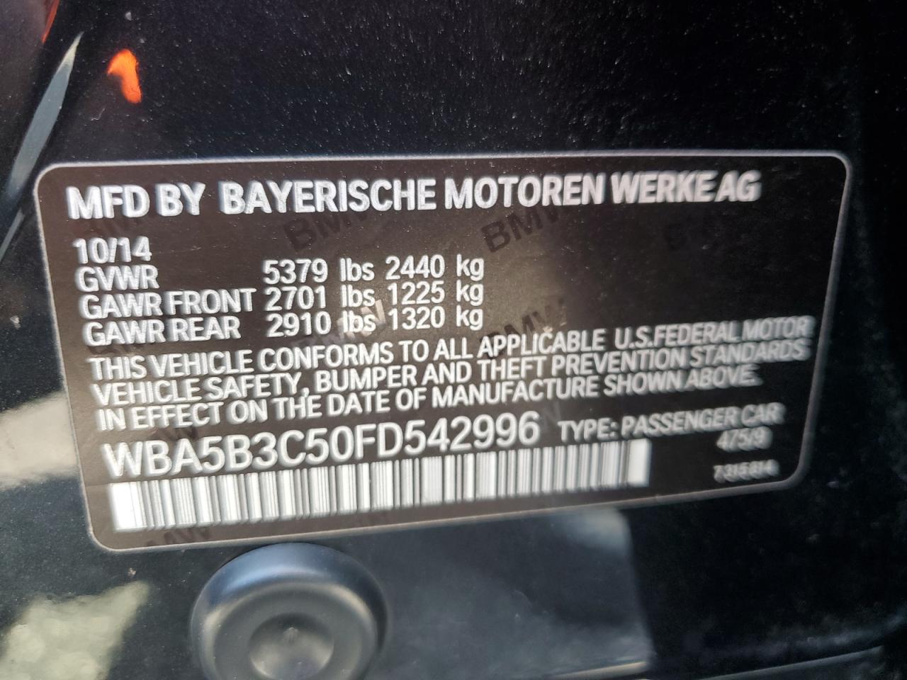 2015 BMW 535 Xi VIN: WBA5B3C50FD542996 Lot: 64931105