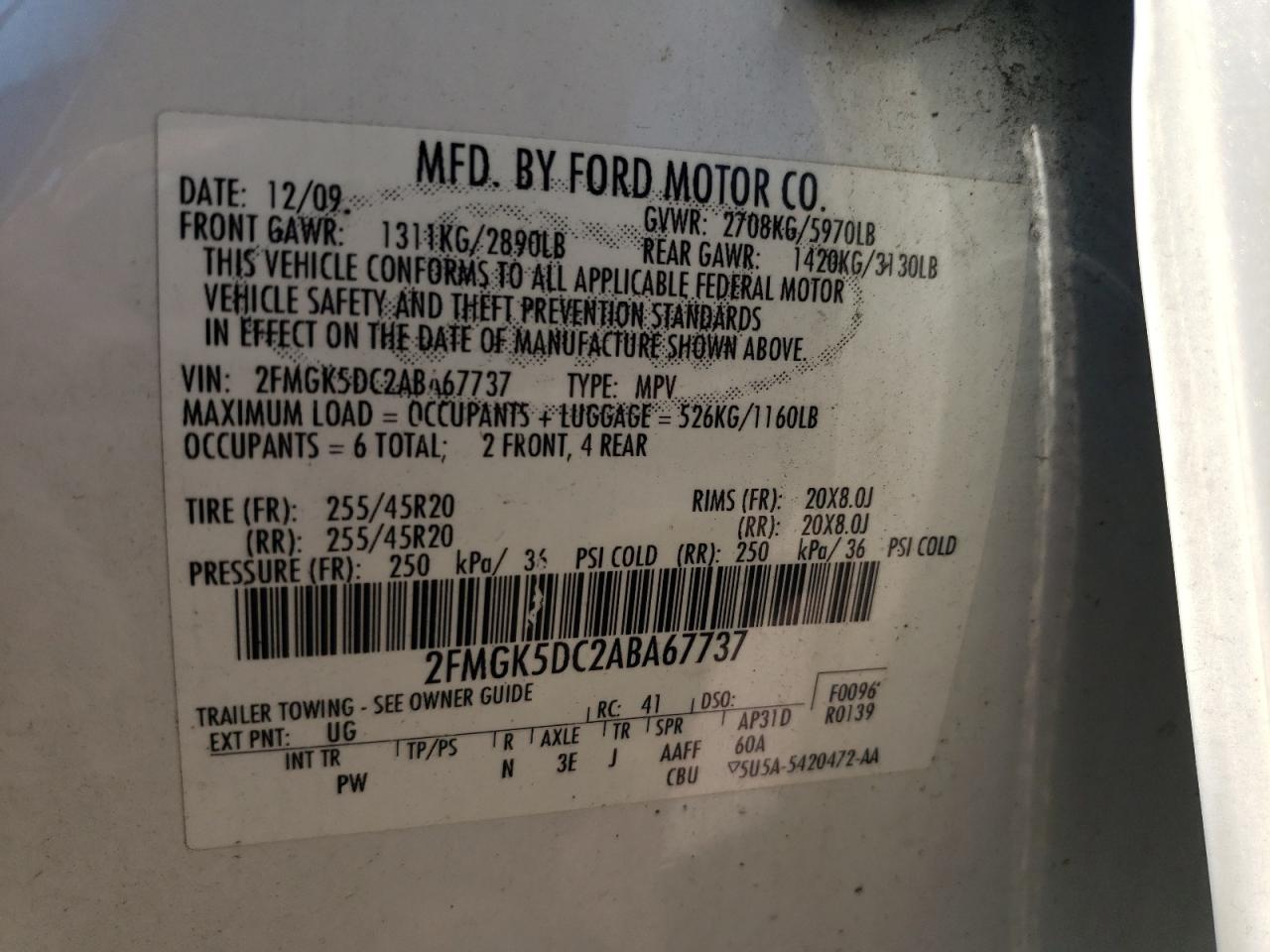 2010 Ford Flex Limited VIN: 2FMGK5DC2ABA67737 Lot: 62597965