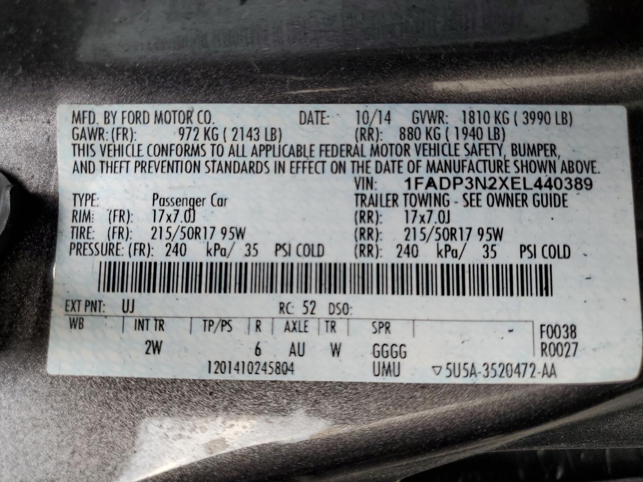 2014 Ford Focus Titanium VIN: 1FADP3N2XEL440389 Lot: 65415355