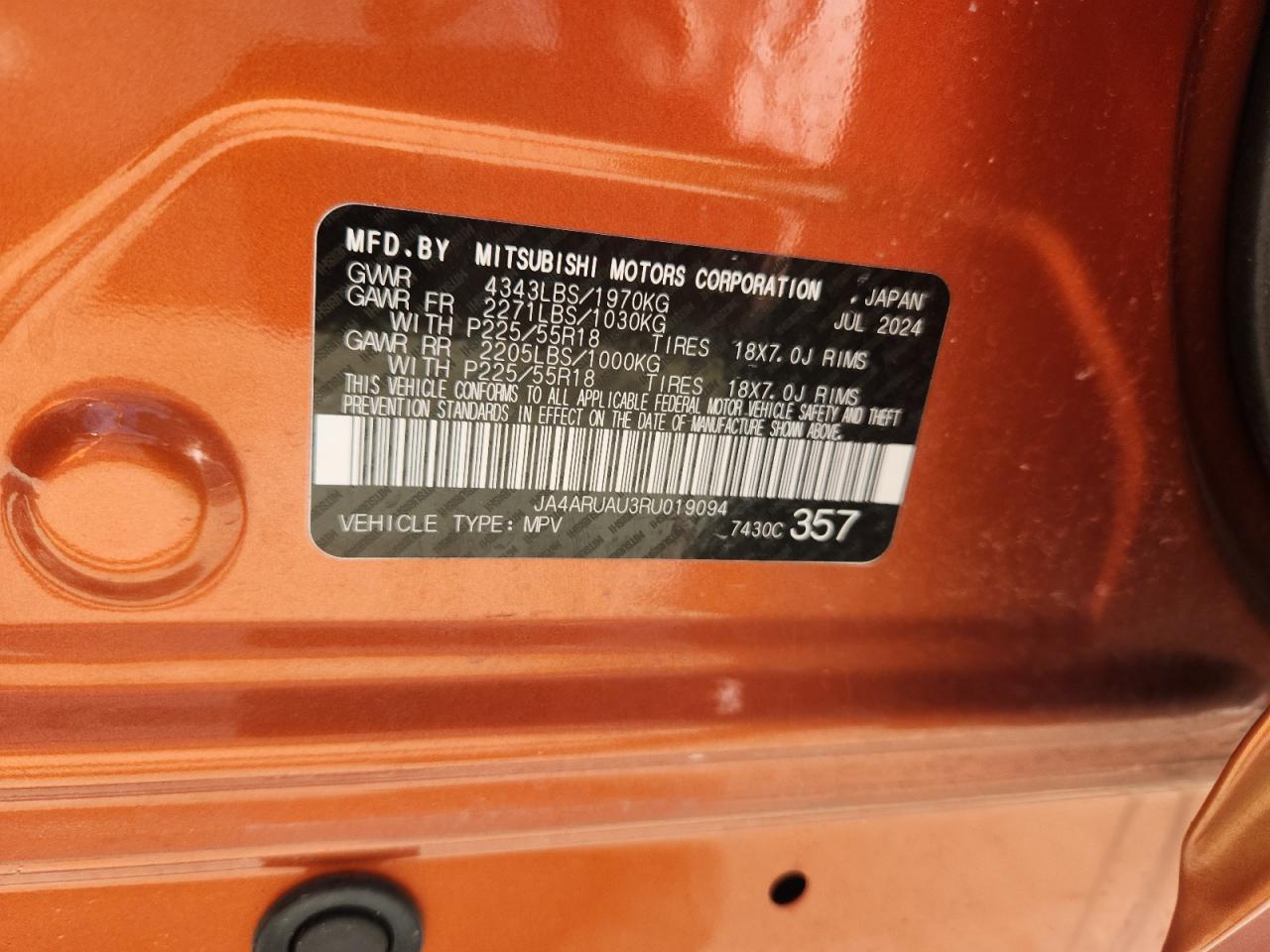 2024 Mitsubishi Outlander Sport S/Se VIN: JA4ARUAU3RU019094 Lot: 64507485