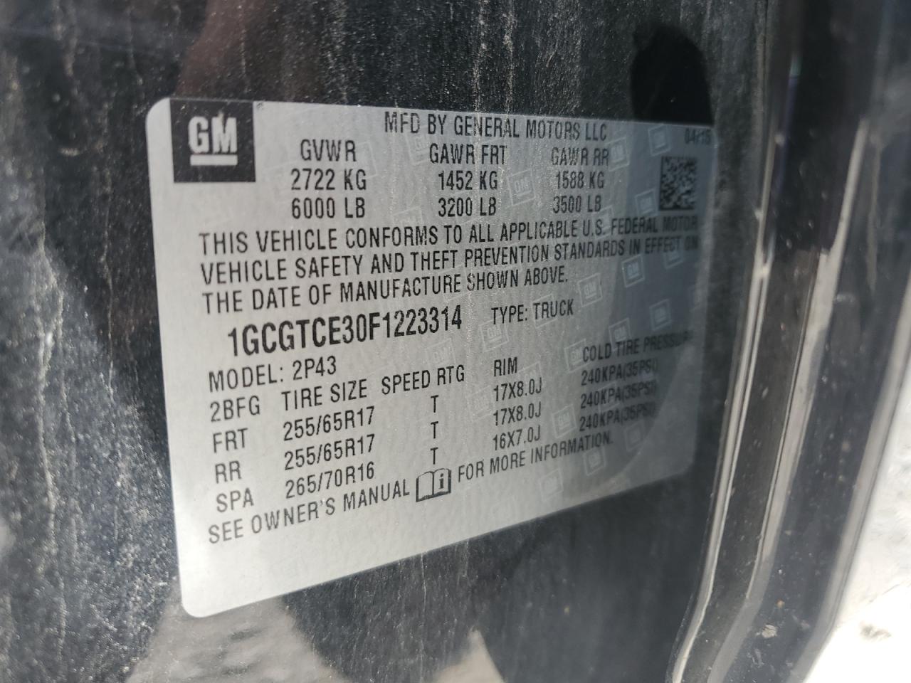 2015 Chevrolet Colorado Z71 VIN: 1GCGTCE30F1223314 Lot: 64644685