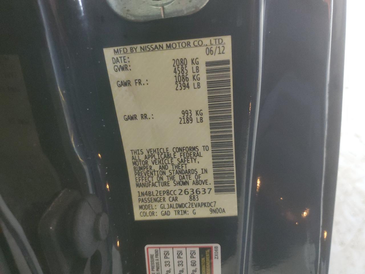 2012 Nissan Altima Sr VIN: 1N4BL2EP8CC263637 Lot: 65277615