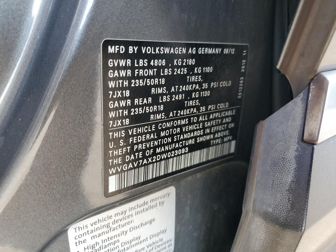 2013 Volkswagen Tiguan S VIN: WVGAV7AX2DW023093 Lot: 64694405