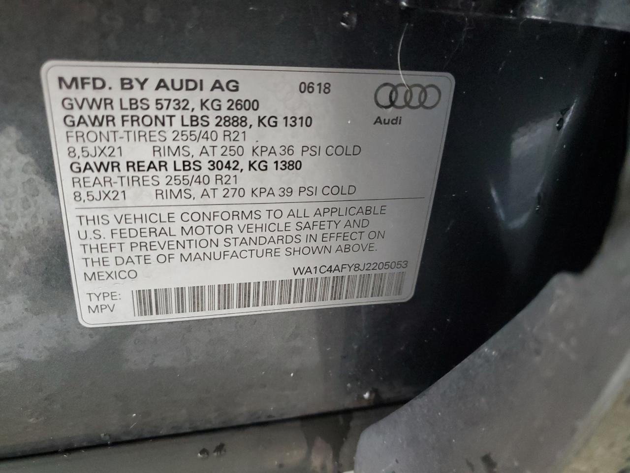 2018 Audi Sq5 Prestige VIN: WA1C4AFY8J2205053 Lot: 64595555