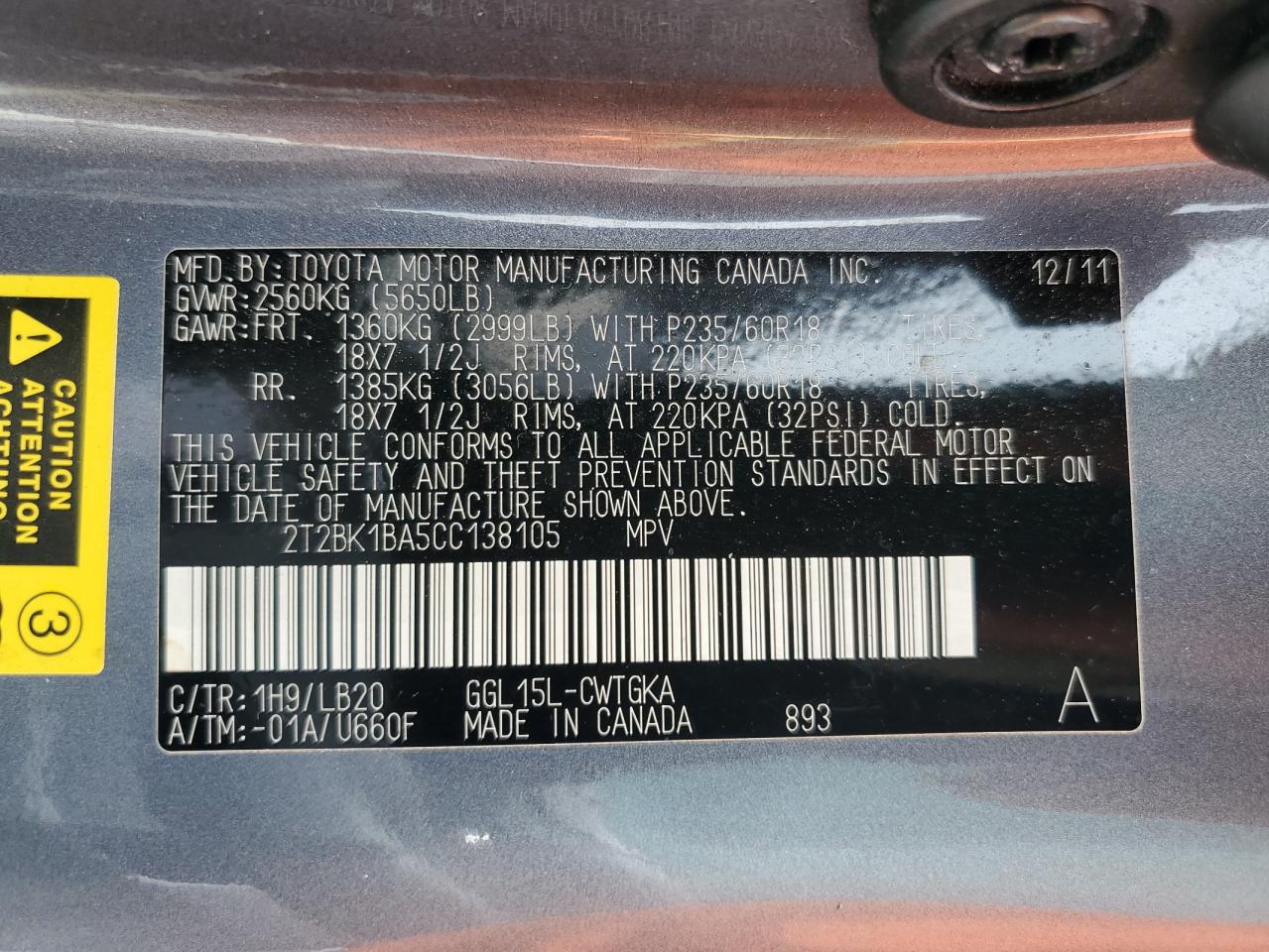 2012 Lexus Rx 350 VIN: 2T2BK1BA5CC138105 Lot: 63394215