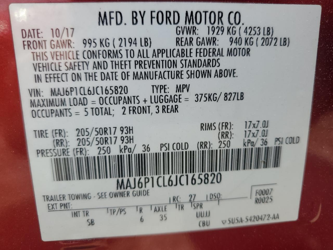 2018 Ford Ecosport Ses VIN: MAJ6P1CL6JC165820 Lot: 62381845