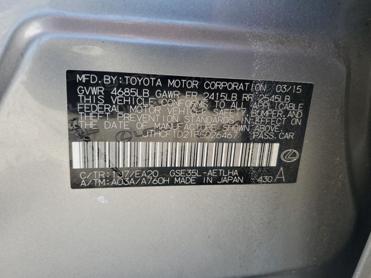2015 Lexus Is 250 VIN: JTHCF1D21F5026467 Lot: 65582585