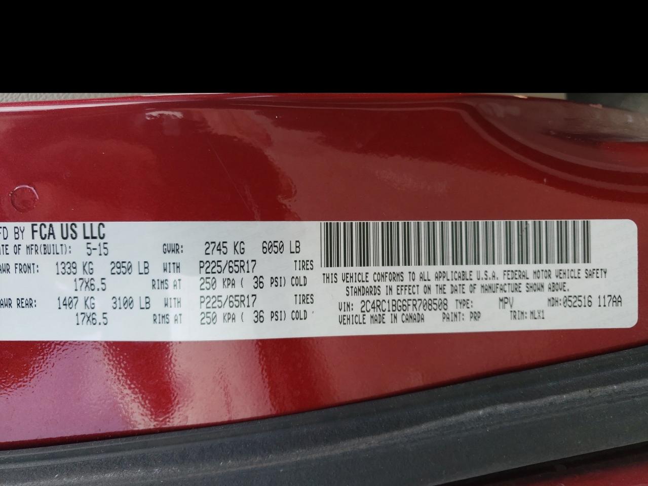 2015 Chrysler Town & Country Touring VIN: 2C4RC1BG6FR708508 Lot: 64848925