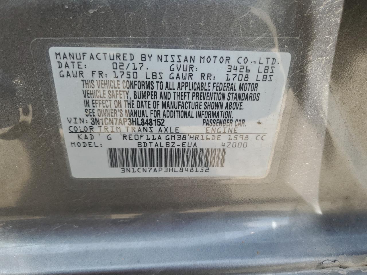 2017 Nissan Versa S VIN: 3N1CN7AP3HL848152 Lot: 62893305