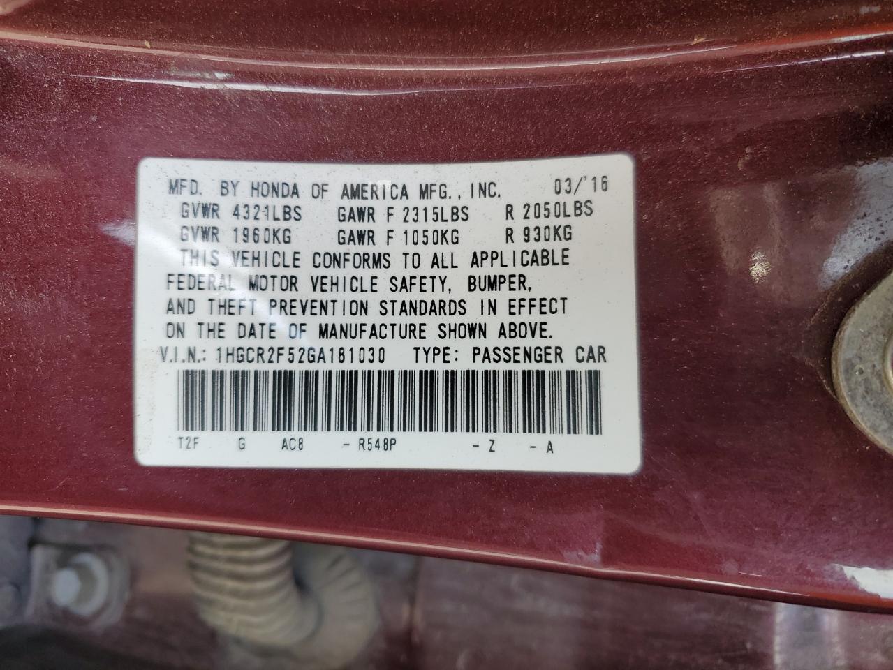 2016 Honda Accord Sport VIN: 1HGCR2F52GA181030 Lot: 65515575