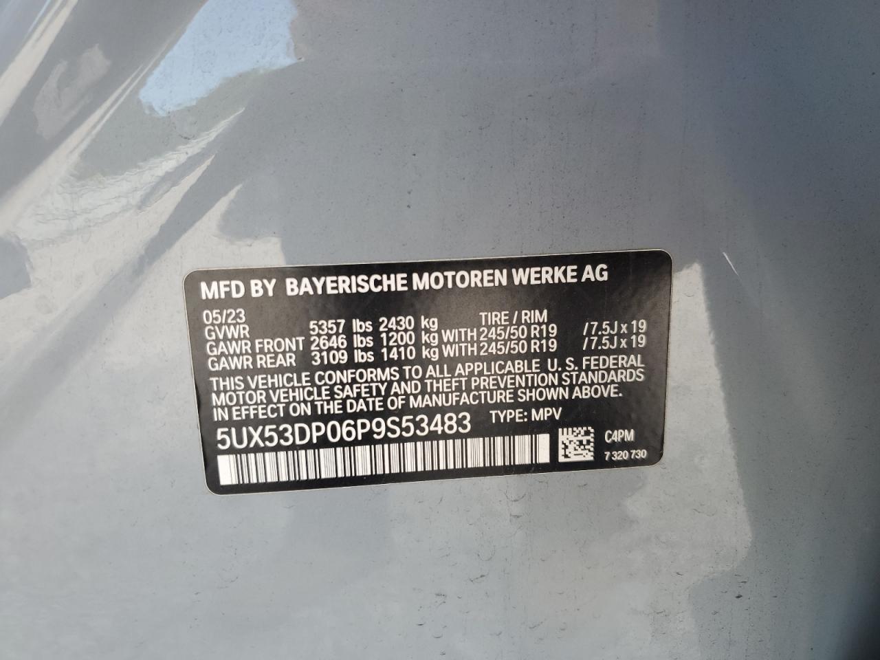 2023 BMW X3 xDrive30I VIN: 5UX53DP06P9S53483 Lot: 65142595