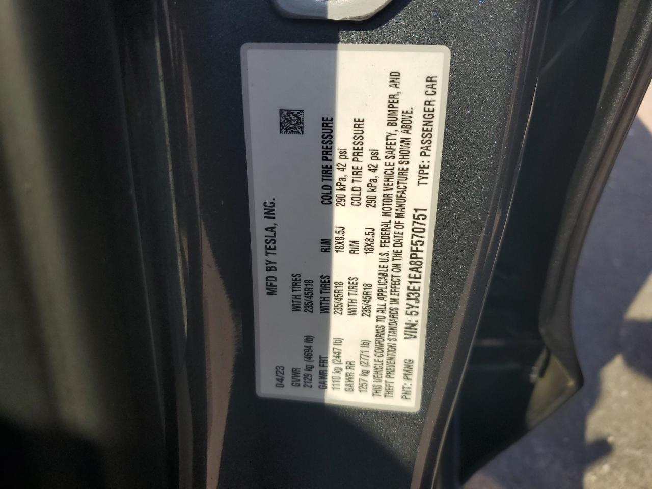 2023 Tesla Model 3 VIN: 5YJ3E1EA8PF570751 Lot: 66470445