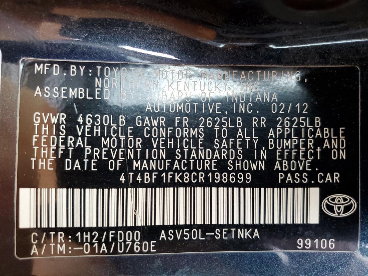 2012 Toyota Camry Base VIN: 4T4BF1FK8CR198699 Lot: 65214885