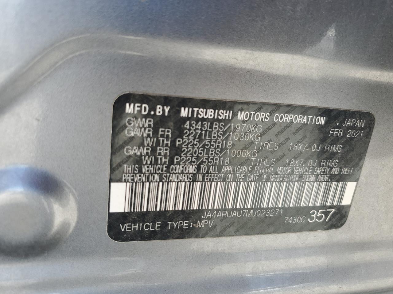 2021 Mitsubishi Outlander Sport Es VIN: JA4ARUAU7MU023271 Lot: 63873585