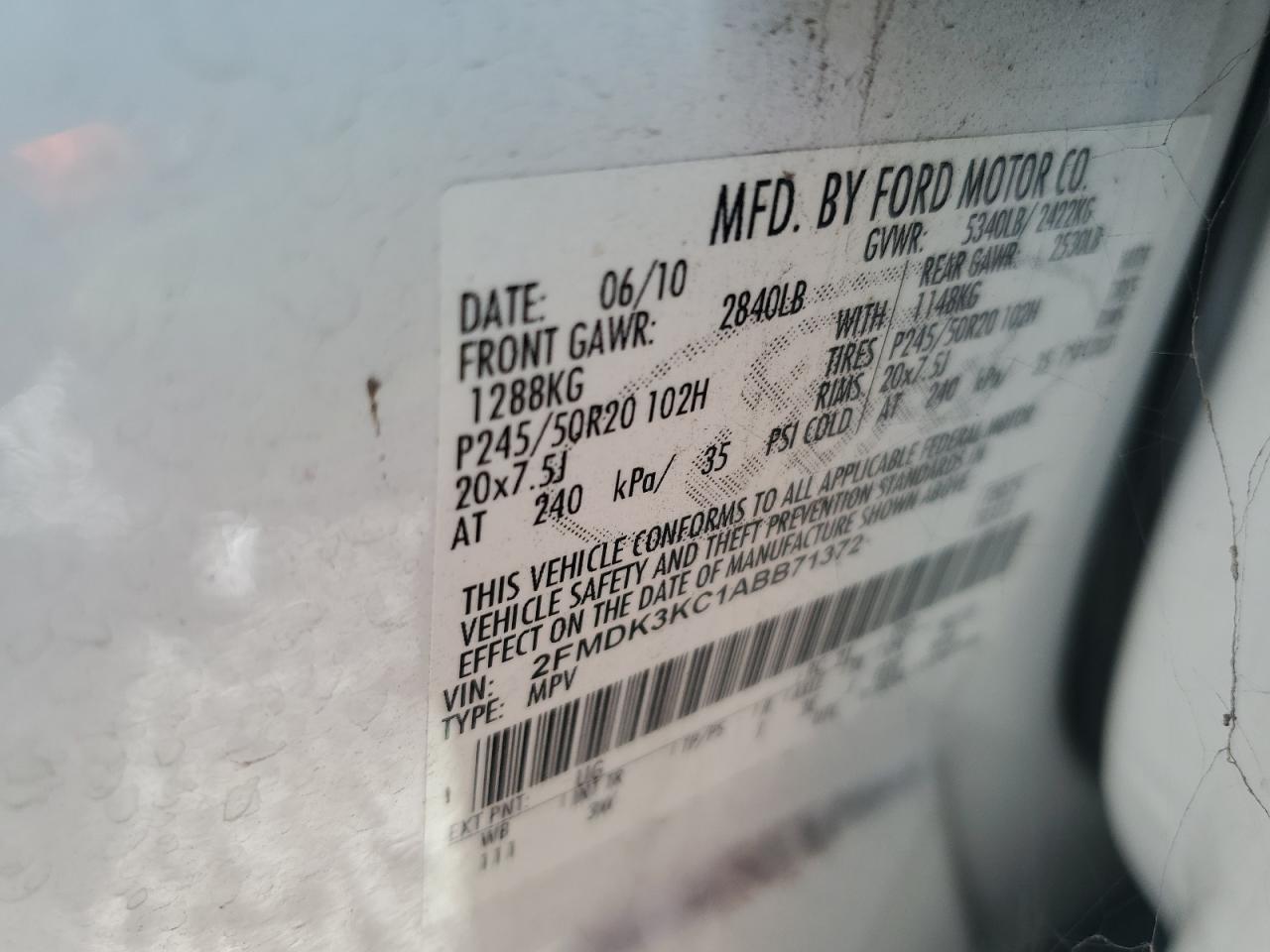 2010 Ford Edge Limited VIN: 2FMDK3KC1ABB71372 Lot: 64451825