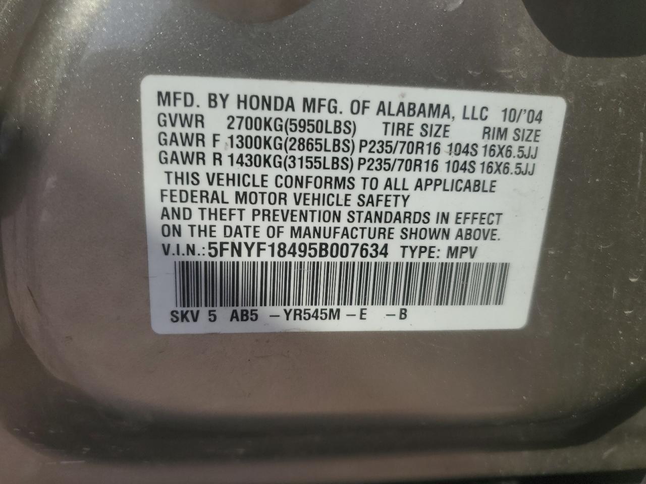 2005 Honda Pilot Ex VIN: 5FNYF18495B007634 Lot: 62906045