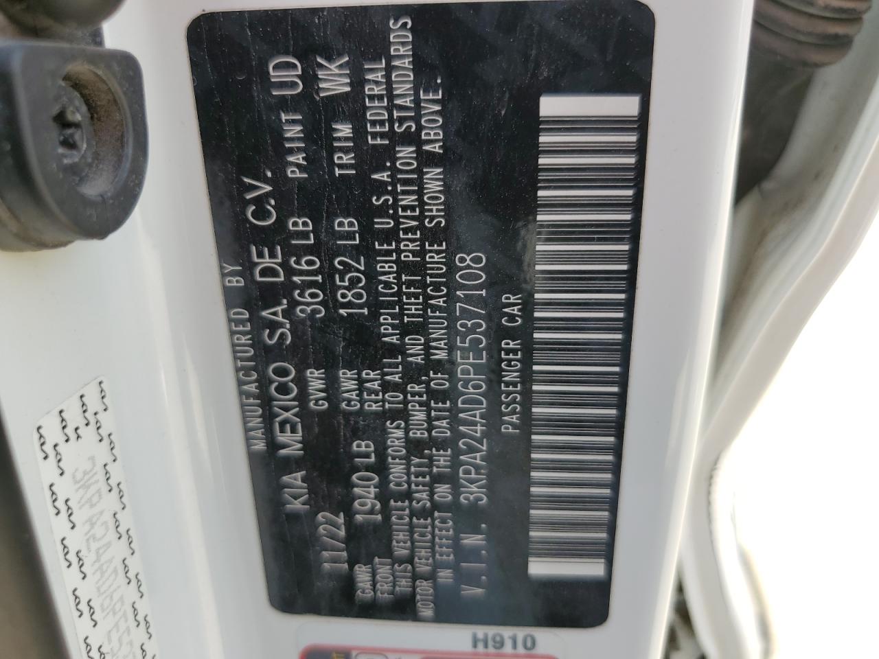 2023 Kia Rio Lx VIN: 3KPA24AD6PE537108 Lot: 64862465