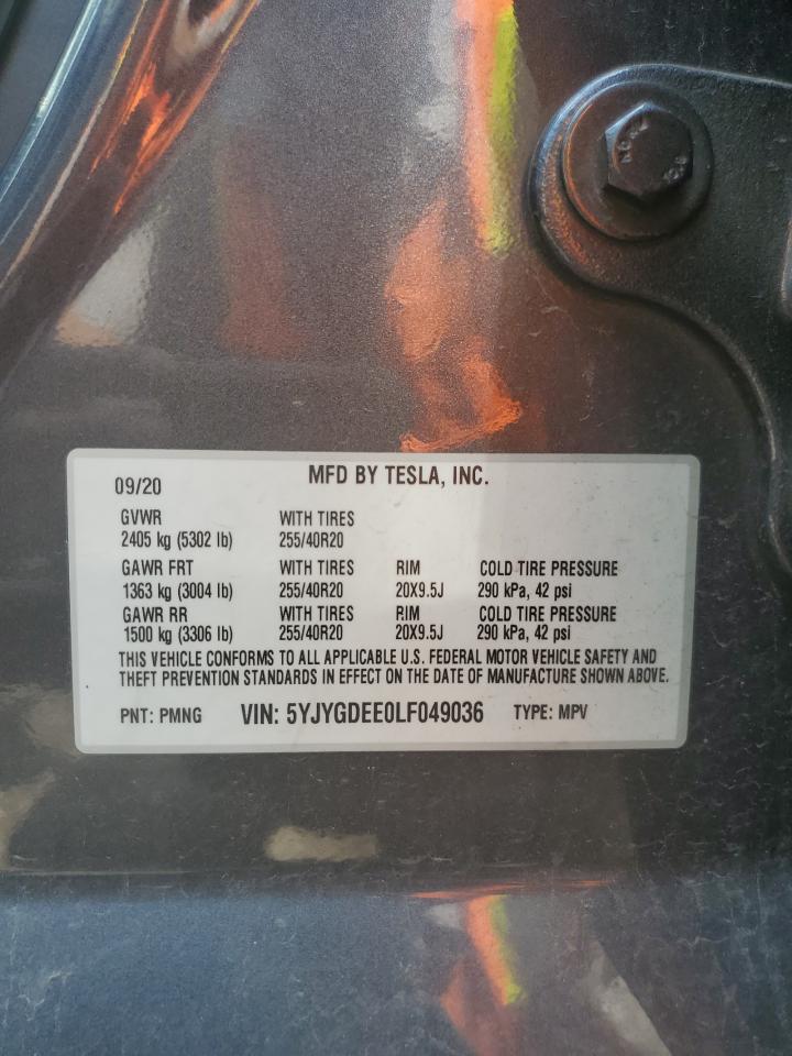 2020 Tesla Model Y VIN: 5YJYGDEE0LF049036 Lot: 63386485