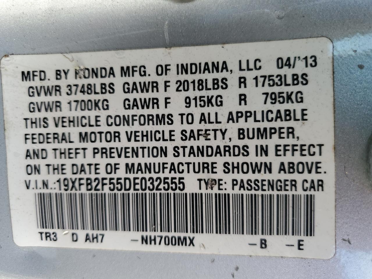 2013 Honda Civic Lx VIN: 19XFB2F55DE032555 Lot: 64226245